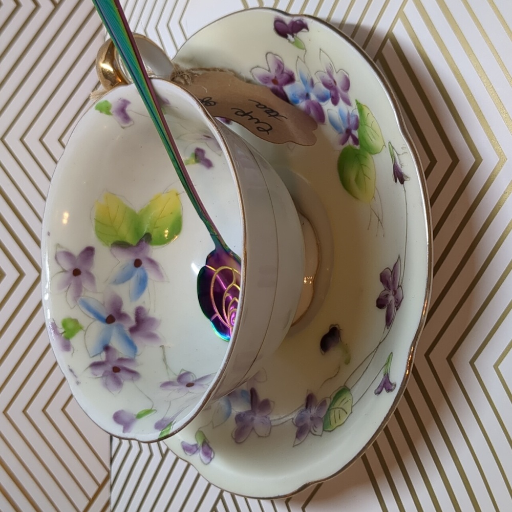 Orphan Porcelain Cup, Morimura M Backstamp, Purple Pansies Floral Tea Cup, Japan